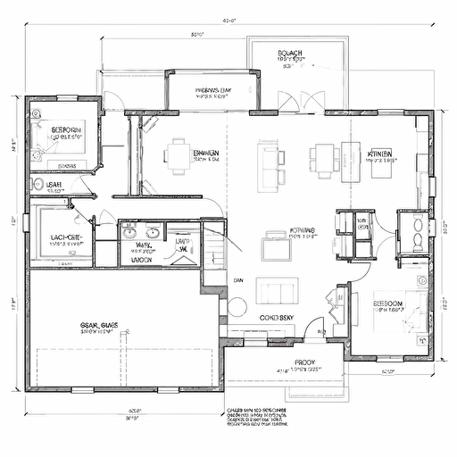 single family home floor plan only, CAD, 2D, simple vector drawing, 3 bedroom, 2 bath, 2 car garage, covered rear porch, black and white, accurate dimensions, code compliant