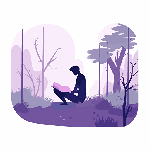 A person reading through a book, forest background, vector, flat art, simple, minimalistic, light purples, white background