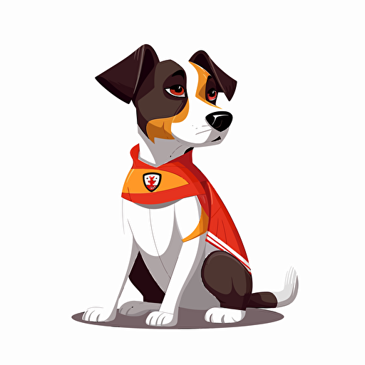 a flat 2D vector picture in Unreal Engine of a dog funky pop dressed in Arsenal soccer colors clothes, white background for a clean, minimalist design