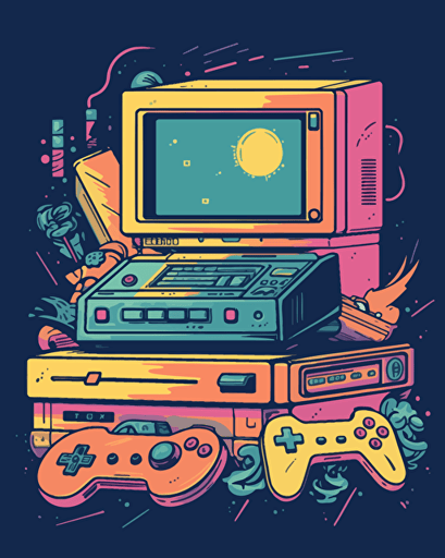 1990s gaming console motif, retro aesthetics, vector image, sticker, pantone color scheme