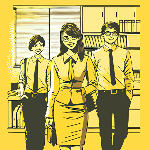 Vector illustration, black outline, office background is yellow tone on tone, medium shot, 3 people, office look, cheerful pose, today's employed Koreans, young people