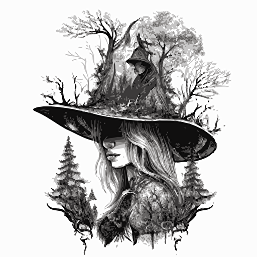 stunning apocalyptic witch with hat, forest over taking the world, highly detailed, Pencil Drawn, Contour, Vector, White Background, Detailed