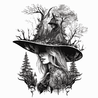 stunning apocalyptic witch with hat, forest over taking the world, highly detailed, Pencil Drawn, Contour, Vector, White Background, Detailed