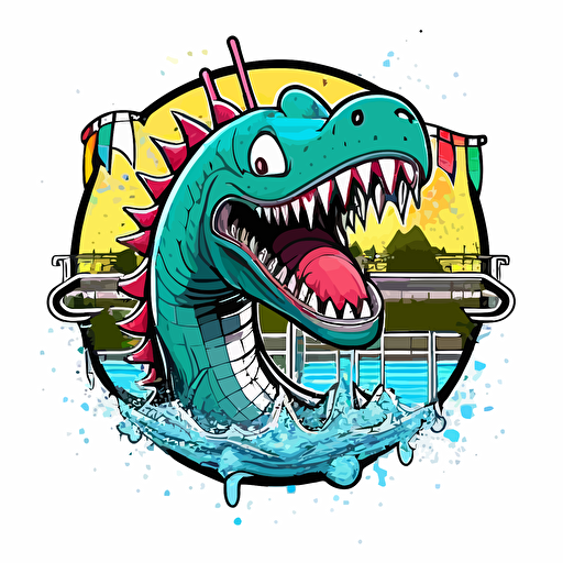 punk rock lochness monster at a water park, vector logo, vector art, emblem, simple cartoon, 2d, no text, white background