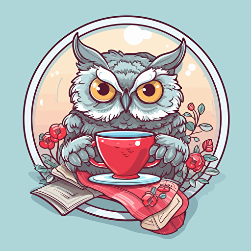 happy relax owl reading a book, a coffee cup beside the owl, vector, illustration for sticker, illustrator, vector art illustration style, grey background, high resolution,