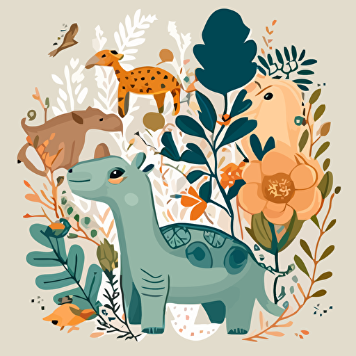 vector drawing of cute animals with botanicals as background
