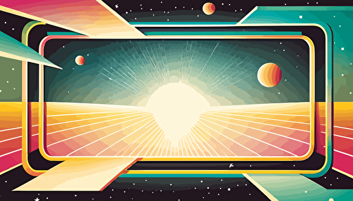 2D Vector, 1950s poster, liminal space backdrop with border, mostly empty, cosmic stars space galaxy, rule of thirds, high definition, soft gradients