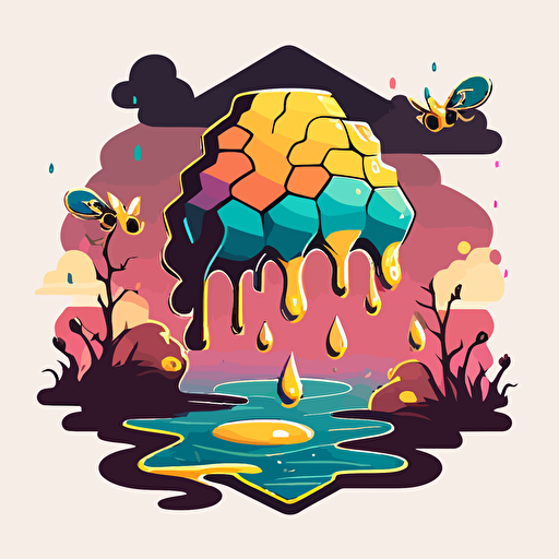 Honeycomb cartoon with a honey dripping, lighting, vector image, 3 colors, wings, clouds,Y2K Design, rain,Shockwave,logostron