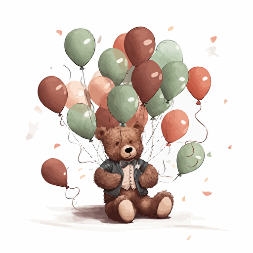 very cute teddy bear wearing bowtie holding 20 olive coloured balloons looking like he is floating away from all the ballons he is holding, ultradetailed, vector