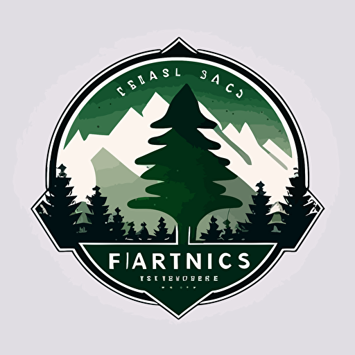 Tree service logo. Simple vector image, white and green colors with silhouette of mountains in the background and lots of pine trees in the foreground.