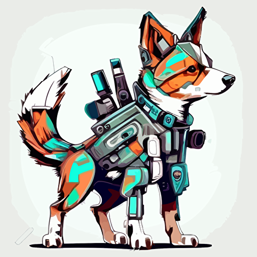 futuristic soldier dog with pistols, Sticker, Hopeful, Tertiary Color, mural art style, Contour, Vector, White Background, Detailed, cut out