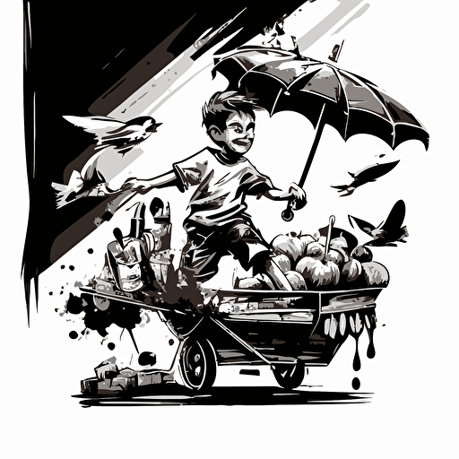 black and white vector illustration of boy flying over apple vendor's cart