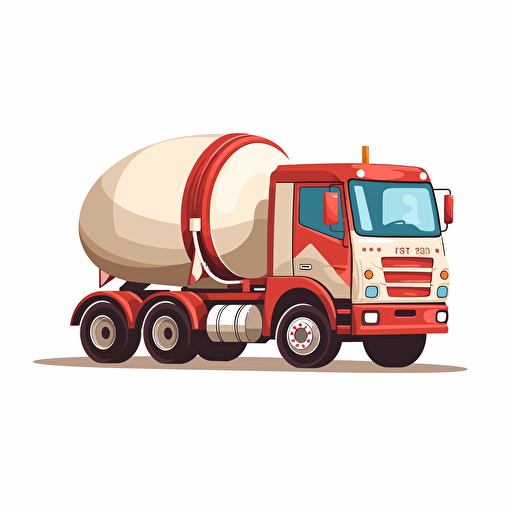 concrete mixer truck iwth wooden barrel, simple forms, flatart, 2D vector style, cartoon, white background, side view