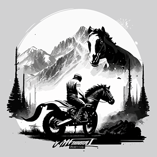 NineT scrambler motorcycle and new Ford mustang in front of the mountains, logo, vector, black and white