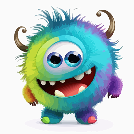 A saturated colorfull baby fur moon monster, goofy looking, smiling, white background, vector art , pixar style