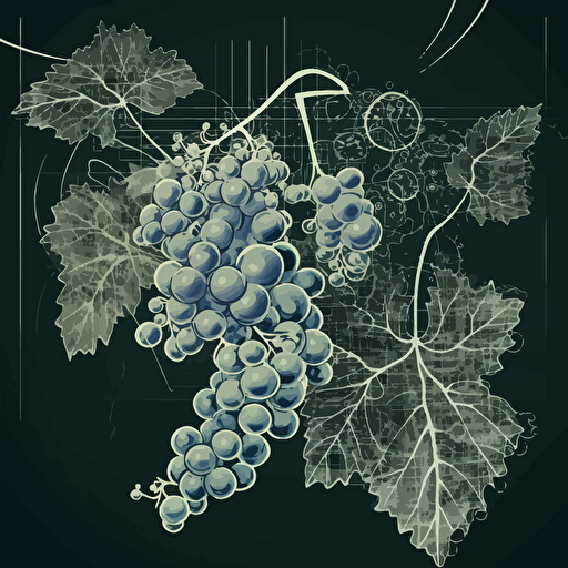 vector bunch of grapes and grapevines x-ray and blueprint