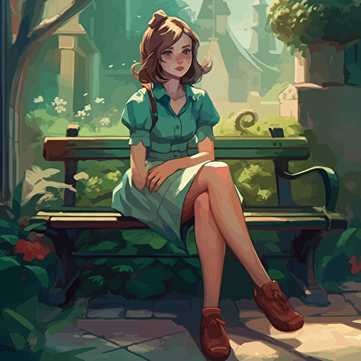 dorothy gale sitting on green color bench Clean Cel shaded vector art by lois van baarle, artgerm, Helen huang, by makoto shinkai and ilya kuvshinov, rossdraws, illustration