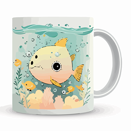create a design for an 11oz coffee mug,horizontal, Kawaii style cute Pompano fish swimming in a reef, cartoon style, vector contour, pastel colors, white background