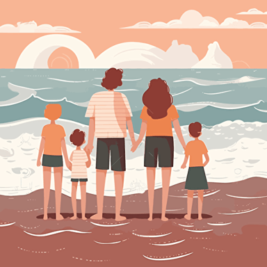 A monther with long brown hair, a father with short blond hair, a 3-year-old girl with sandy blond hair, a 3-year-old boy with black hair, and a 10 year old girl with red hair at the beach watching the ocean waves, illustration, vector, flat style