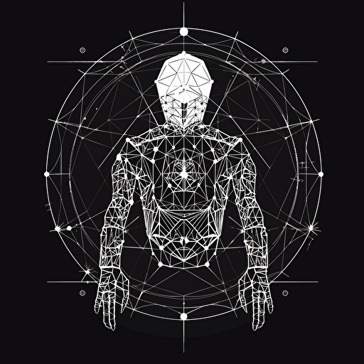 Sacred geometry, Banksy style, black background, large closed shapes, fantasy roboter, white space to fill, abstract, artistic, pen outline, white background, very simple, full field of view, centre, minimalistic logo vector art , simple flat vector logo