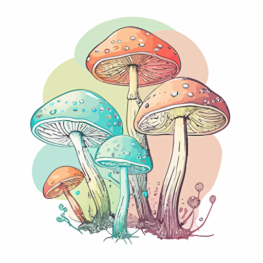 handdrawn mushrooms, vector art, pastel colours, isolated white background