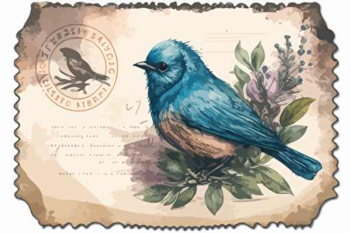 beautiful aged postage stamp with watercolour fantastical magical flamoyant blue bird, whole stamp, vector