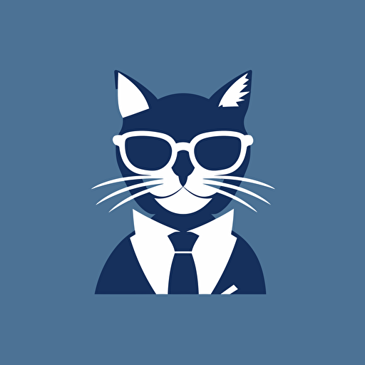 Illustrative, cat wearing sunglasses and a tie made out of fish bones, 3 color logo, navy blue, light blue, white, vector, simple, clean, flat