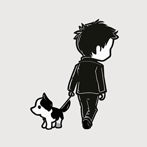 A logo of a person walking a dog in a vector and chibi style, simple with only black and white colors and no background