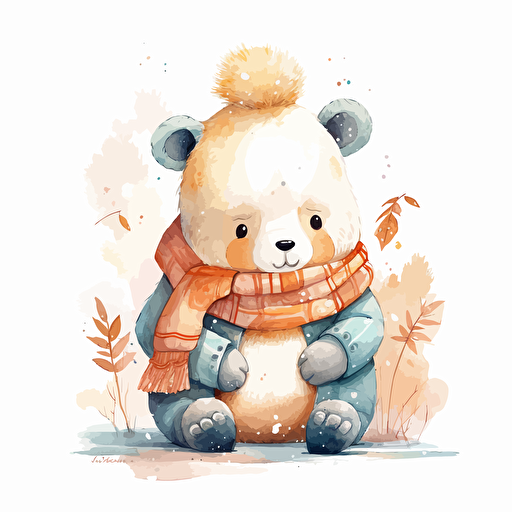 Chinese cute bear winter illustrations detailed, cartoon style, 2d watercolor clipart vector, creative and imaginative, hd, white background