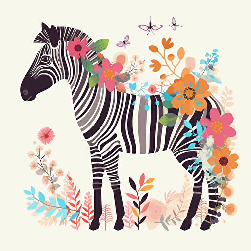 zebra, floral, cartoon style, 2d clipart vector, creative and imaginative, hd, white background