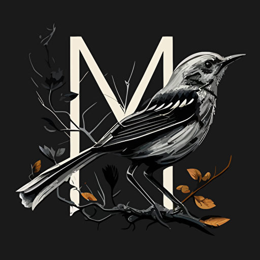 Mockingbird mashup with Letter M, flat, black and white, vector