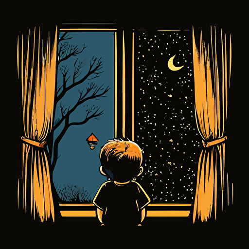 draw a 2D vector scene, cartoon, cute, happy about a boy on his back looking out the window at night, a simple drawing, in color but bordered with a black line, flat drawing and without details.