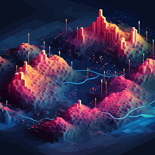 visualize data connection map as geometric overlap, isometric, vector shapes, nature terrain theme, magical