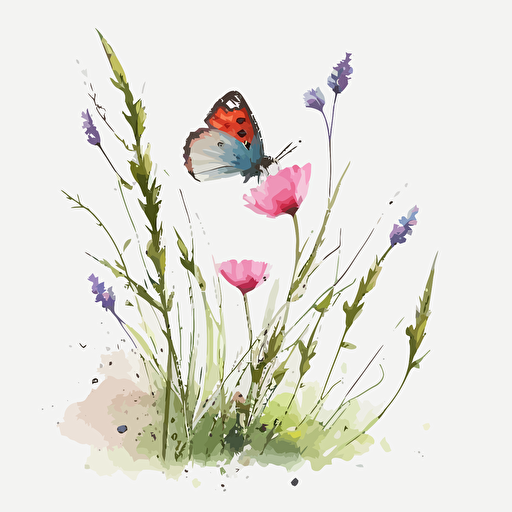 spring meadow wildflower with a pink butterfly, watercolour, clipart, primary colours, vector, simple, white background