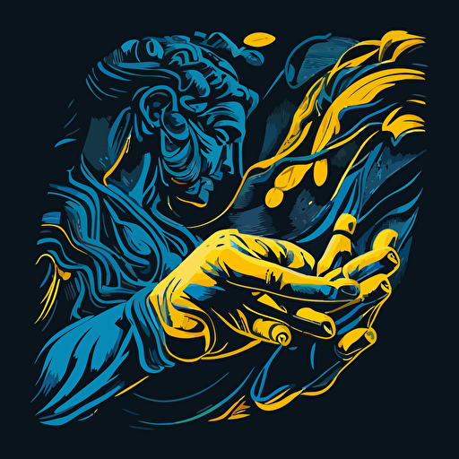 Create a captivating vector illustration that depicts a hand in the profile position, reminiscent of Michelangelo's iconic "Creation of Adam," as it enters the digital world. Use modern and dynamic art style with vivid blue and yellow tones contrasted with dark black tones. Play with dramatic lighting to highlight the division between the real and virtual realms, with the hand reaching towards the digital world. Capture a close-up shot of the hand, creating a dynamic composition that conveys the excitement and tension of the fusion between the physical and digital realms.