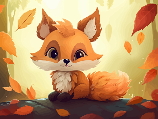One day, a little leaf named Líza was born in the forest. She was an extremely cute little fox with shiny red-brown fur and big, cute eyes, vector illustration for kids, beautiful details,