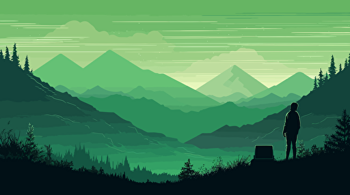A world where there are green mountains and a programmer coding on the mountain in the distance, wallpaper, 2d vector,