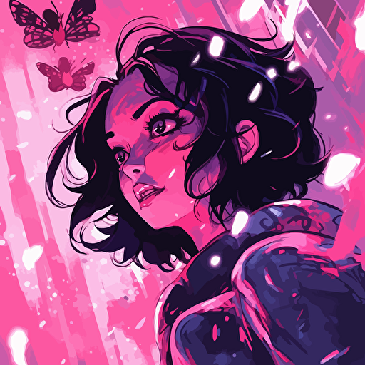 desinge, vector, deep pink, japanese style, fireflys, in the style of becky cloonan, john watkiss