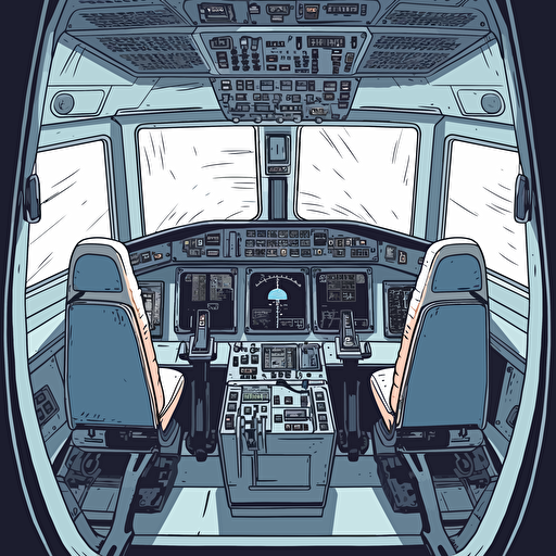 a cockpit of a Boeing 747, a futuristic industrial robot instead of the pilot chair. Vector style for storyboard