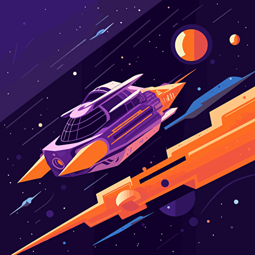 spaceship warping into another universe, 2D, vector, flat art, fedex purple and orange
