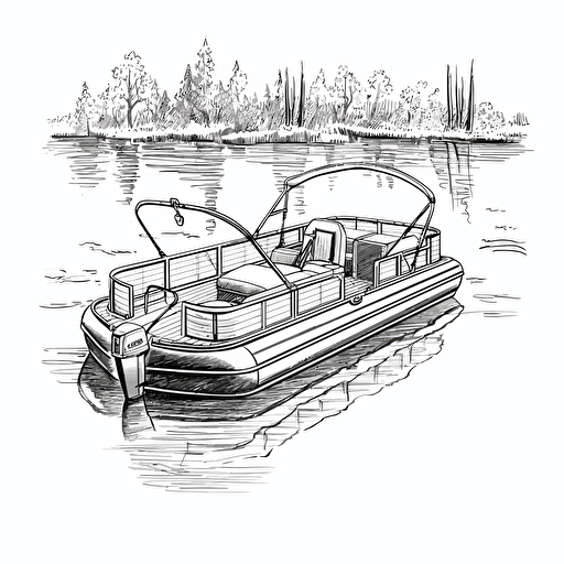 illustration of a pontoon boat on a lake, black ink, vector isolated on white