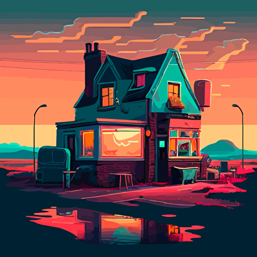 a pub, flat landscape, digital art, vector, long shadow, 45 degree point of view, by Grant Riven Yun , synthwave colors