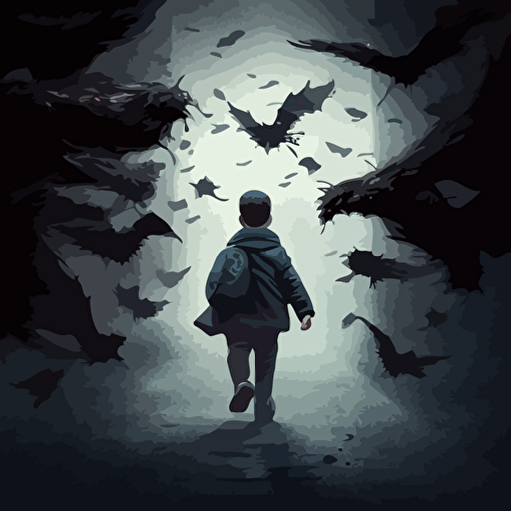 a swarm of dementors from Harry Potter flying towards a small young boy who stops them directly in their tracks with a shield shaped like a viral vector