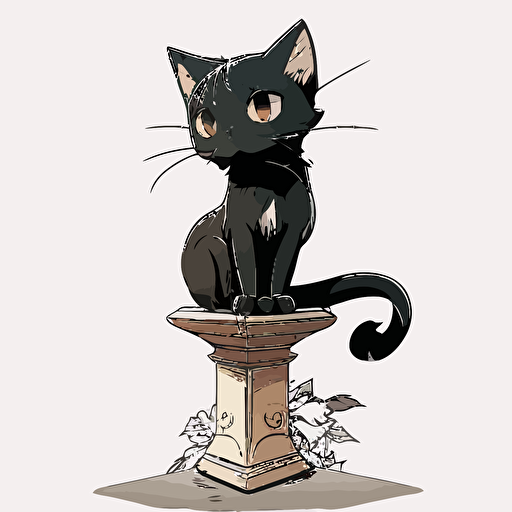 manga style, hand drawn cartoon, black, cute female cat sitting on a pedestal, white background, vector, High definition