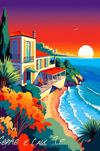 flat vector art, Vivid color, Cote d'azur, Kenneth Crane illustration | travel poster featuring | Cote d'azur| ocean, beach, house, Wide angle