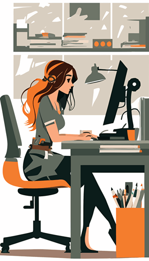 modern female small business owner working on computer at desk with slight smile vector art style