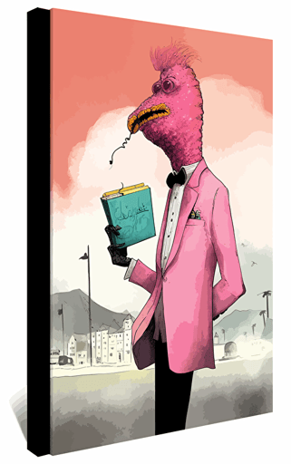 flat vector book cover design by stephen gammell showing painted wallpaper hawaii background to a pink anthropomorphic gecko salesman wearing a battered worn suit
