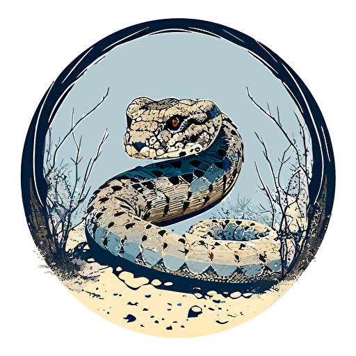 vector art of a coiled diamondback rattlesnake showing its tail ready to strike terrifying snake, white blue harsh contrast lighting circle frame white background