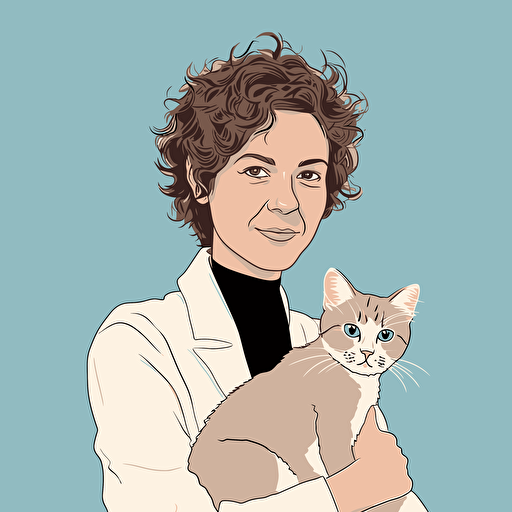 vector art style, 42 year old white female exec, short curly hair, holding a cat, in the style of Michael Parks