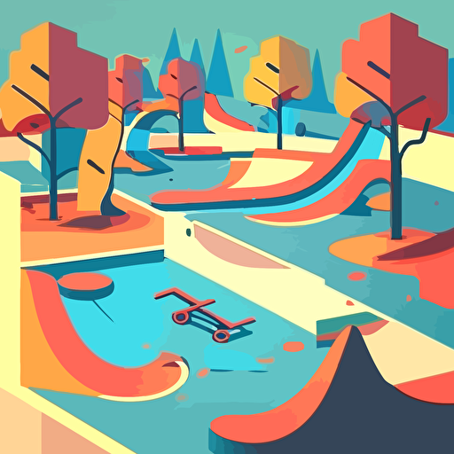 2d flat vector illustrator of a skatepark in Tokio, Tokio landscape background blue, yellowe and red colors
